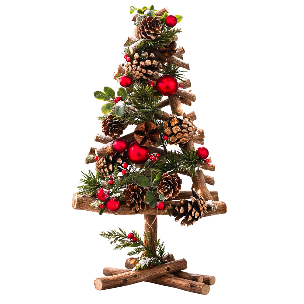 Image Wooden Tree Deco, Red Christmas Balls - 36x18cm